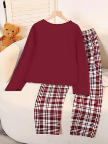 少女两件套圣诞树和英文文字印花牛奶丝圆领长袖上衣和格子宽松舒适裤睡衣套装，圣诞红格子，1 套 - 酒紅色 - 查看 2