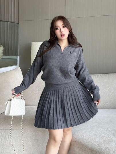 Vibekara Autumn/Winter New Plus Size Women Knitted Casual Solid Color Embroidery Lapel Simple Long Sleeve Sweater Top & Skirt Suit, Versatile 2 Piece Skirt Sets Woman Pleated Skirt Set Tennis Skirt Set Plus Sweater Sets For Women Grey Skirts Plus Size Skirt Set