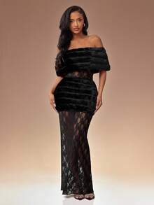 Radiana Autumn Elegant Black Floral Lace & Faux Fur Patchwork Long Dress,Off Shoulder Sheer Mesh Maxi Formal Gown For Dinner,Parties,Birthday Outfit Slay Diva - Black - View 4
