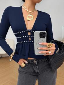 SHEIN EZwear Navy Blue Casual Women's V-Neck Long Sleeve T-Shirt With Ruffle Hem Dark Blue Top Peplum Top Deep V Neck Top Navy Blue Top Fitted Top Women Top - Navy Blue - View 4