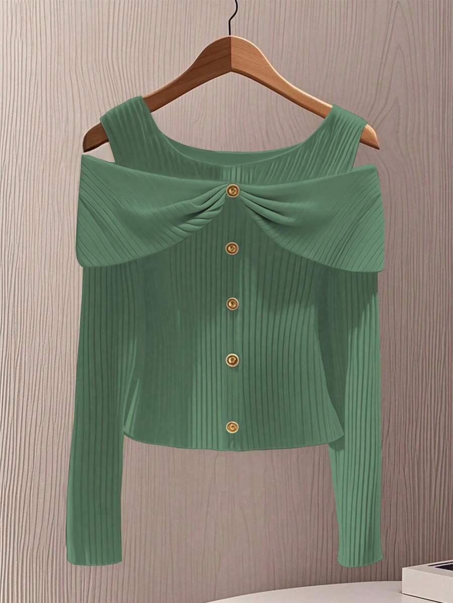 GlowEve Women's Autumn Simple Button Decor Off-Shoulder Fitted Long Sleeve T-Shirt - Mint Green - View 1