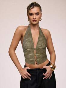 SHEIN BAE 女士性感露背吊带涂层面料上衣，适合海滩和度假穿着 - 卡其色 - 查看 6