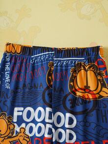 GARFIELD | SHEIN 青少年男孩涂鸦英文图案印花弹力圆领贴身运动衫和裤子睡衣套装，秋冬 - 藍色 - 查看 3