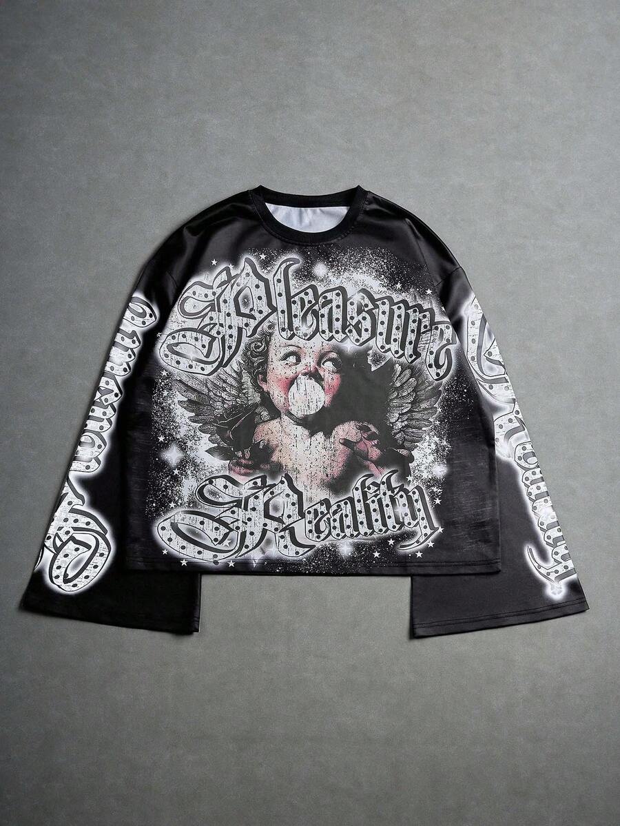 PAVTROS 男士街头风格长袖T恤，数码印花天使吹泡泡糖图案 - 深灰色 - 查看 1