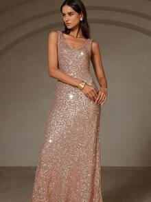 GENKIRA Vestido sin mangas con cuello en V y cintura ceñida, estilo francés - Champán - Ver 3
