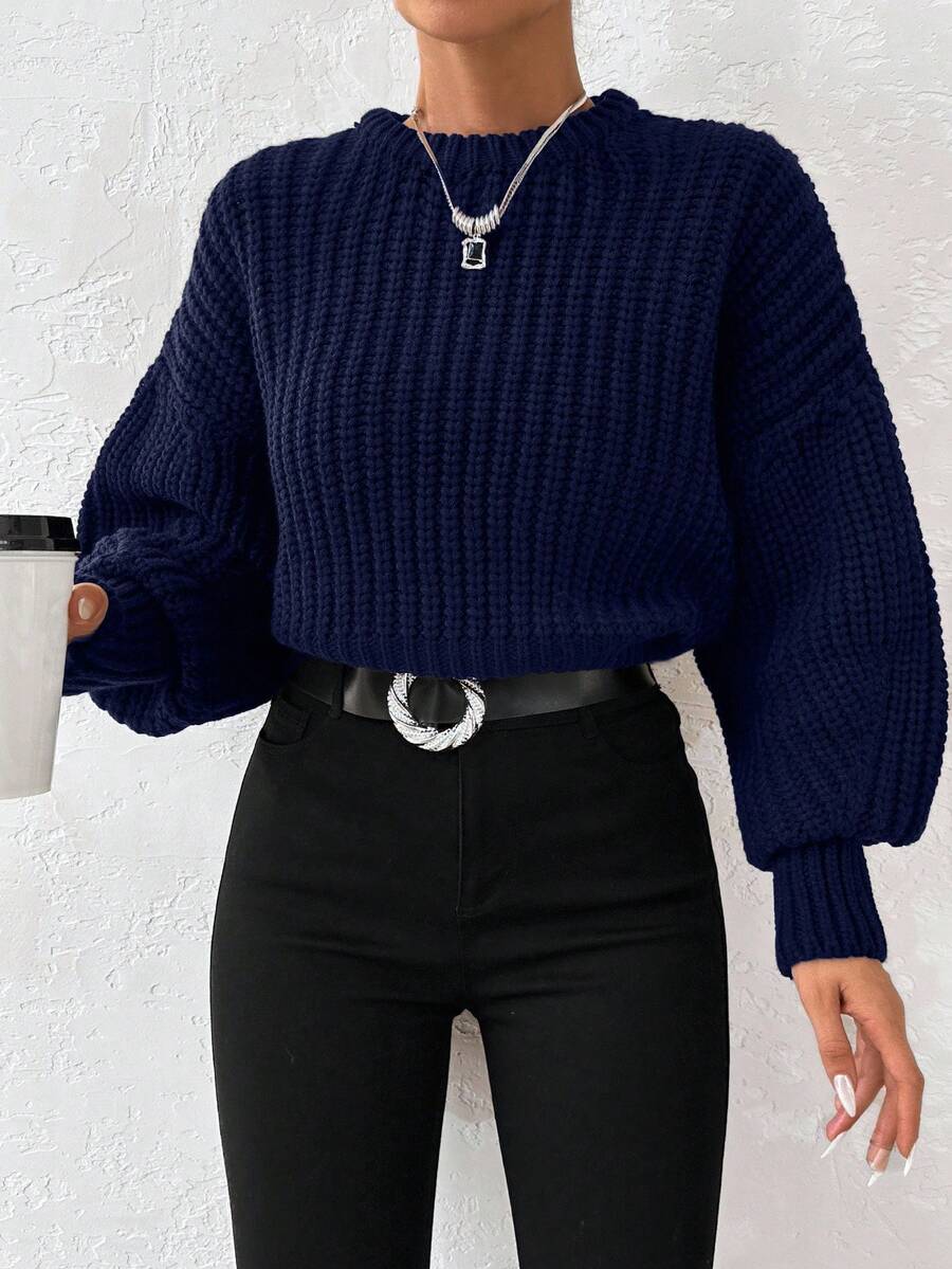 EURMUSE Autumn/Winter Casual Versatile Solid Color Drop Shoulder Sweater - Navy Blue - View 1