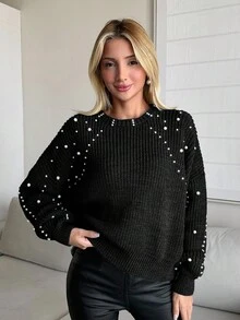 SHEIN Tall 圓領羅紋珍珠針織套衫，休閒日常穿著，適合高個女性 - 黑色 - 查看 3