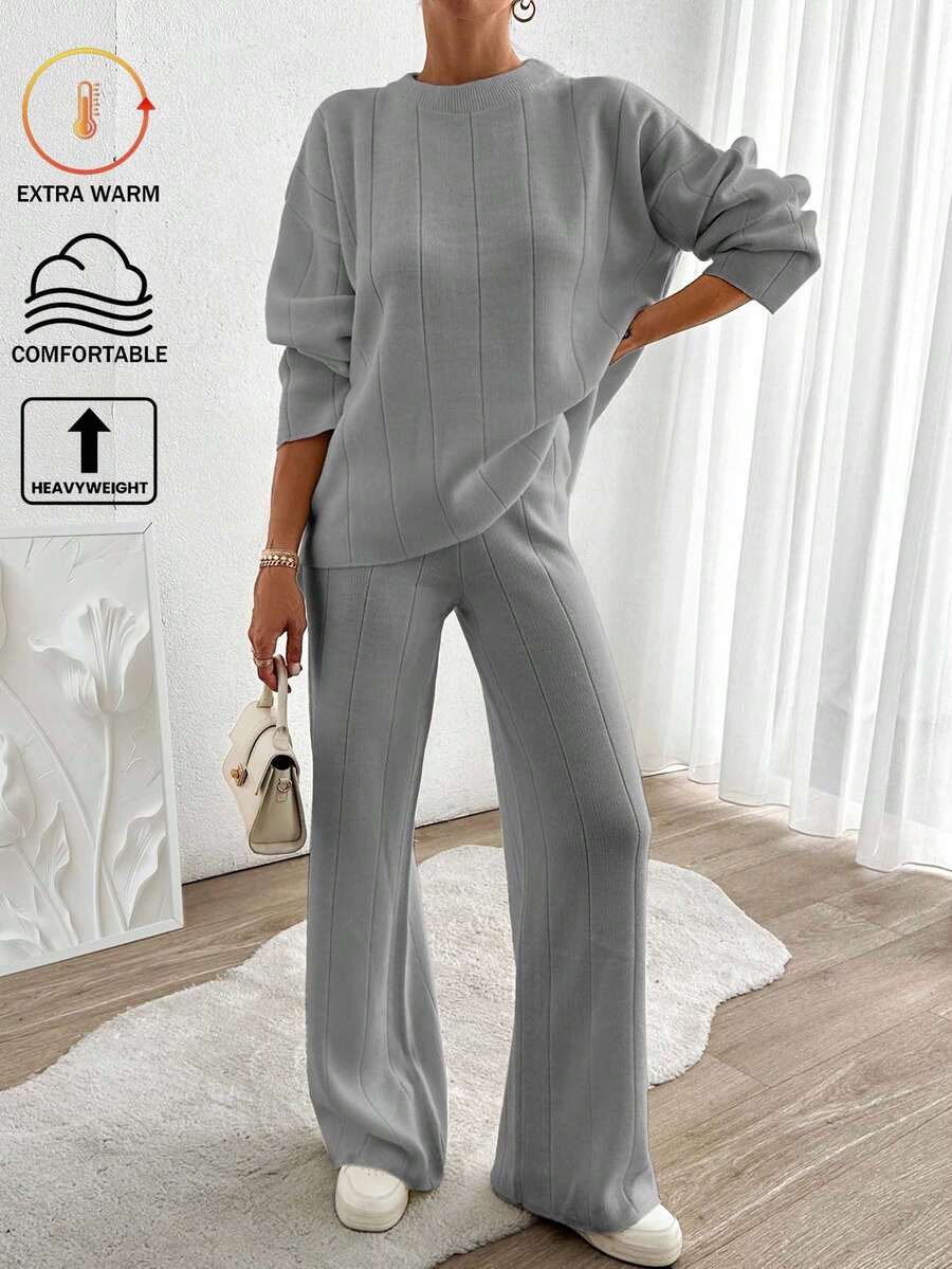 EURMUSE Women Solid Color Rib Knit Sweater & Sweater Pants Set - Grey - View 1