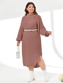 EURMUSE Turtleneck Raglan Sleeve Split Thigh Sweater Dress Without Belt - Dusty Pink - View 3