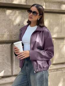 Aloruh 秋冬时尚百搭通勤款 Ancla 紫色 PU 夹克 - 紫色 - 查看 5