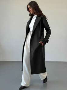 Aloruh 勃艮第酒红色 PU 皮革长款夹克，现代女性街头服饰，秋冬 - 黑色 - 查看 5