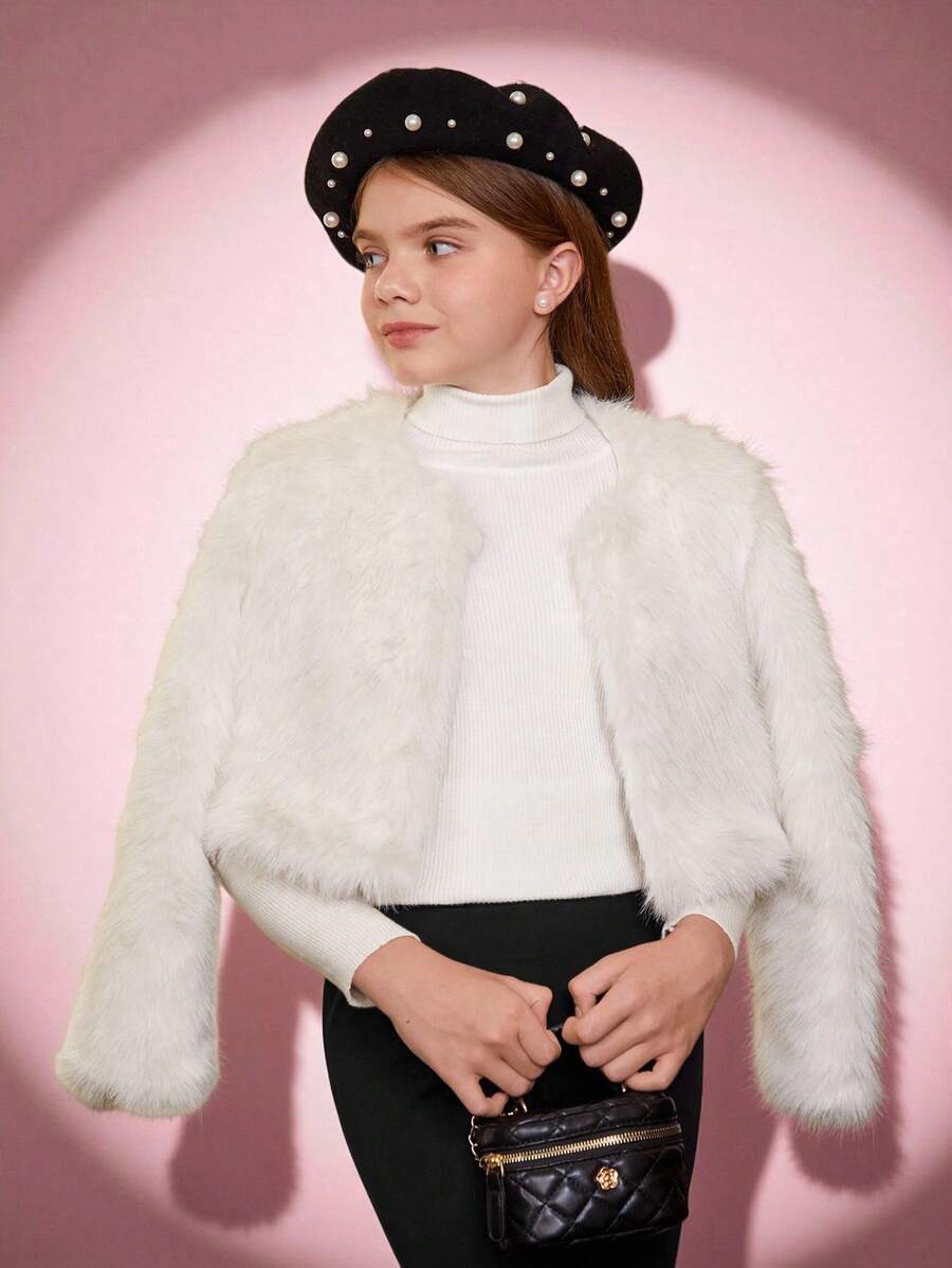 Tween Girl Short Plush Elegant White Fuzzy Coat, Autumn & Winter