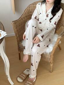 2件套优雅少女熊和星星图案长袖上衣和裤子睡衣套装 - 杏色 - 查看 5