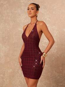 Lumalex 女式水钻和水晶装饰 V 领露背紧身迷你连衣裙 - 紫色 - 查看 8