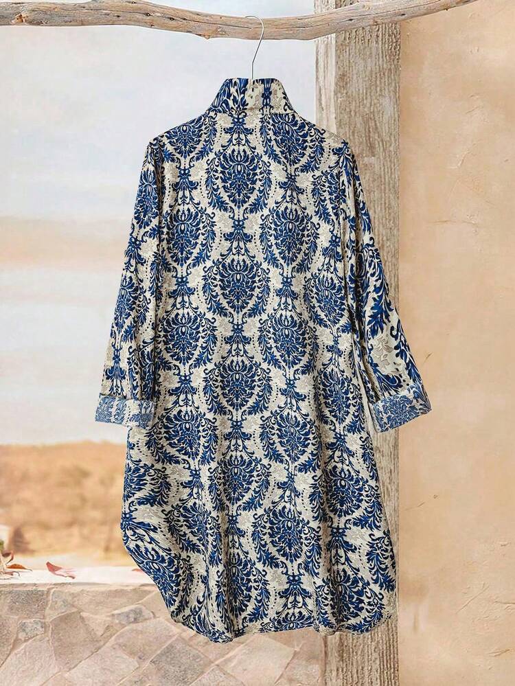 Plus Size Women's Vintage Style Resort Casual Cardigan Shirt Dress With Button, Curved Hem, Short Length, Long Sleeve, Suitable For Early Autumn,Spring