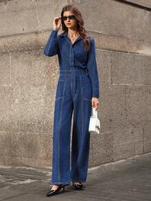 Selenza 女士时尚休闲松紧腰洗水长款牛仔连体裤 - 深色水洗藍 - 查看 3