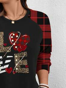 EMERY ROSE Christmas Textured Red Plaid Love Letter Print Casual Minimalist Plus Size Sweatshirt, Autumn/Winter/Valentine's Day - Multicolor - View 6
