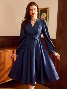 Vintamour 复古优雅女式连衣裙，带口袋和扭纹细节，长袖休闲通勤节日连衣裙，女士冬季服装，女士冬季服装，圣诞服装，女士圣诞服装，圣诞节女装，新年服装，新年服装，女士感恩节服装，女士优雅连衣裙，女士优雅连衣裙