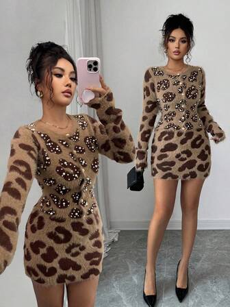 Rafferiza 欧美博主同款串珠优雅霸气3D仿毛豹纹开衫+迷你裙套装