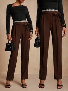 Vesra Waist Patchwork Lace Tie-Up Waist Suit Pants - Brown - View 1