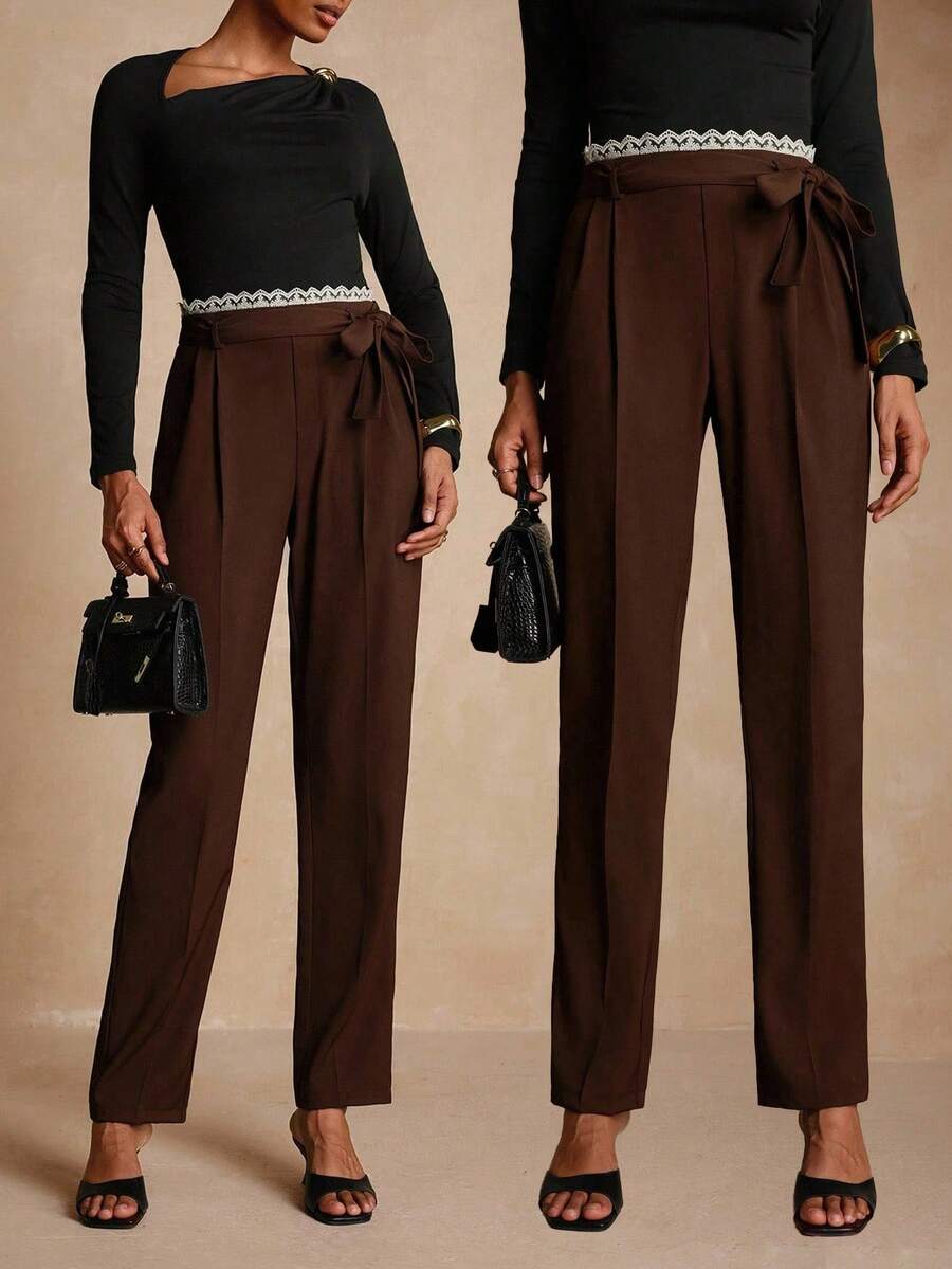 Vesra Waist Patchwork Lace Tie-Up Waist Suit Pants - Brown - View 1