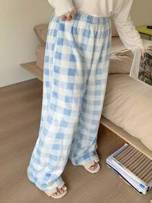 Dazy Plus 格子图案弹力腰宽松直筒保暖内衬蓬松舒适睡裤，大码女款，秋冬款 - 淺藍色 - 查看 3