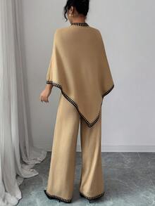Elenzga Women's Casual Loose Poncho Design Top And Loose Contrast Color Pants Knit Two Pieces Set - Khaki - View 2