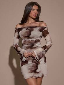 SHEIN BAE Women's Tie-Dye Print Off Shoulder Long Sleeve Ruched Fitted Fashionable Mini Dress - Brown - View 4