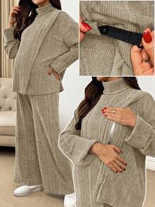 SHEIN 2件套孕妇休闲高领长袖上衣和裤子套装，秋季 - 杏色 - 查看 8