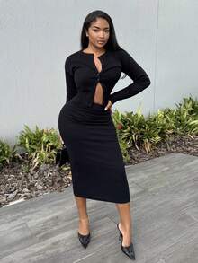 Alexandranx Elegant Solid Color High Waist Slim Fit Skirt, Suitable For Commuting ,Petite Women - Black - View 4