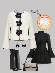 SHEIN MOD Plus Size Long Sleeve 3D Floral Faux Fur Jacket,Winter Clothes For Women,Women's Winter Jacke,Winter Clothes For Women,Christmas - Apricot - View 1