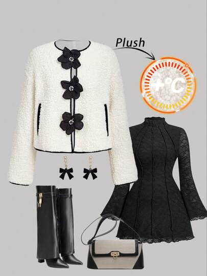 SHEIN MOD Plus Size Long Sleeve 3D Floral Faux Fur Jacket,Winter Clothes For Women,Women's Winter Jacke,Winter Clothes For Women,Christmas