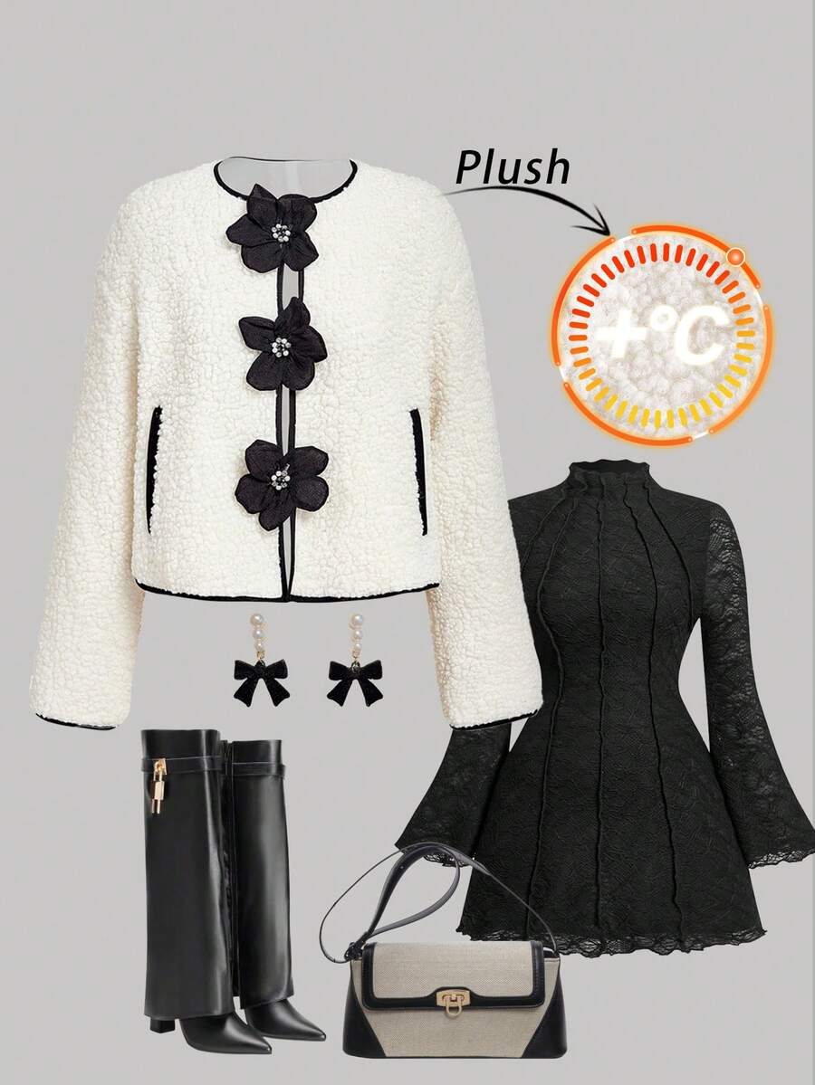 SHEIN MOD Plus Size Long Sleeve 3D Floral Faux Fur Jacket,Winter Clothes For Women,Women's Winter Jacke,Winter Clothes For Women,Christmas - Apricot - View 1