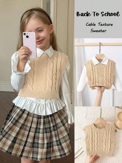 SHEIN 少女罗纹针织毛衣背心，带麻花纹理，优雅可爱，高品质，温暖柔软，多功能，适合玩耍、日常穿着、学校、秋冬季，搭配白衬衫，返校季。学院风格，
