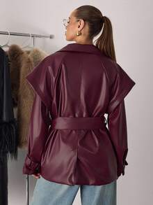 SHEIN BAE 女士纯色系带夹克，适合通勤，秋冬季 - 酒紅色 - 查看 2