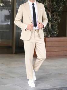 SHEIN 2pcs/Set Teen Boy Gentleman Outfit, Beige Slim Fit Suit Jacket + Dress Pants, Elegant, Formal Attire Suitable For Birthday Party, Gala, Performance, Hosting, Wedding Season