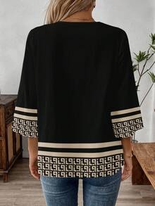 EMERY ROSE Women's Casual Vintage Print Loose V-Neck 3/4 Sleeve Work Shirt, Comfortable For Daily Commute, Spring/Autumn New Year Party - Multicolor - View 2