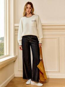 Écloséra 法式复古风，简约、优雅、百搭、时尚、别致，适合秋冬季节，白色毛衣，感恩节、圣诞节、新年黑色滚边圆领长袖口袋拼接宽松女式毛衣