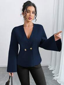 INAWLY Cardigan elegante feminino, fofo, quente, decote em V, manga sino, cintura marcada, jaqueta curta - Azul marinho - Ver 4