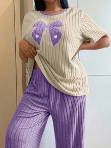 SHEIN Plus Size Women Knitted Ribbed Bow Embroidered Round Neck Short Sleeve Pants Casual Pajama Set - Purple - View 4