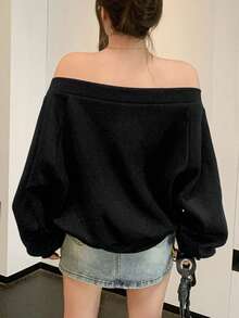 DAZY Women's Casual Off-Shoulder Loose Sweatshirt, Solid Color Basic Top With Thermal Lined, Long Sleeve, Suitable For Autumn And Winter - Black - View 4