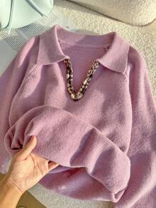 Genkimix Kids 少女梅红色 V 领插肩袖毛衣 - 紫色 - 查看 5