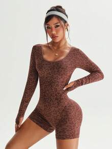 Dewbera 女式豹纹露背长袖无缝运动连体裤 - 棕色 - 查看 2