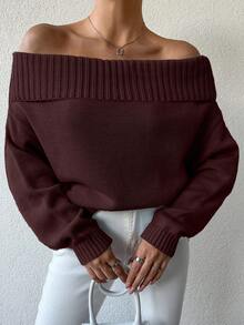 EURMUSE Women's Solid Color Off-Shoulder Loose Casual Long Sleeve Pullover Sweater - Brown - View 5