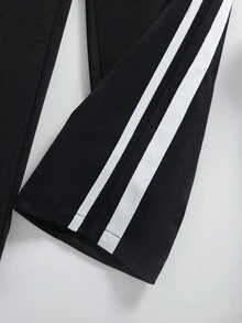 SHEIN 青少年女孩长袖圆领拉链运动衫，配有抽绳腰部口袋裤子两件套，适合日常休闲穿着，秋冬季 - 黑色 - 查看 6