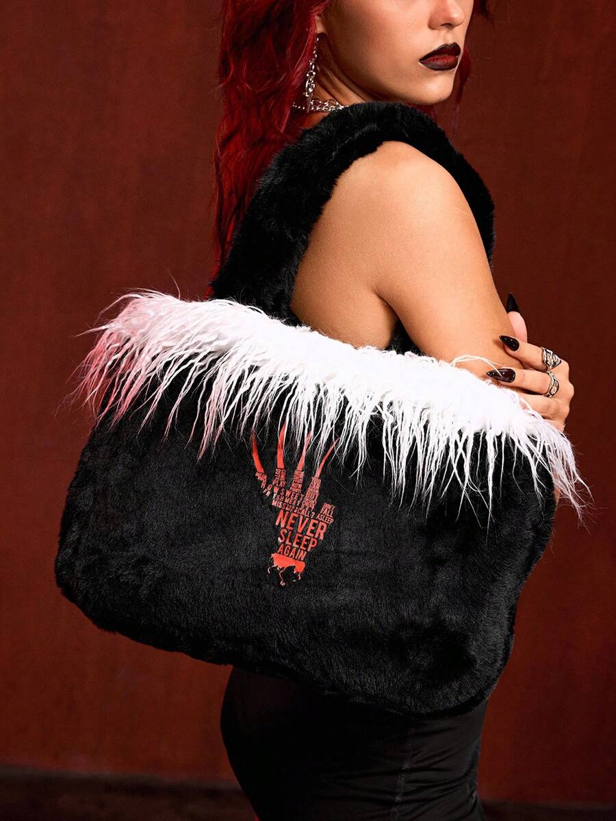 A Nightmare on Elm Street X ROMWE 1 Túi tote họa tiết chữ bông thời trang đường phố Punk màu đen, túi đeo vai dung tích lớn in họa tiết xương cánh tay Gothic, thích hợp để đi học, đi làm, v.v. - màu đen - Xem 1