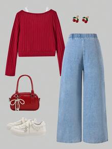 Sparklyn 女童拼布T恤和刺绣牛仔裤，秋冬