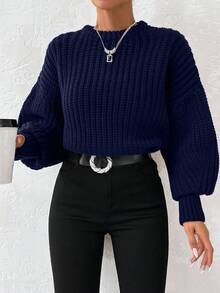 EURMUSE Autumn/Winter Casual Versatile Solid Color Drop Shoulder Sweater - Navy Blue - View 6