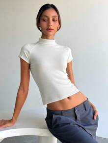 Aloruh 女士秋冬短袖高领修身薄款抓绒针织毛衣 - 白色 - 查看 3