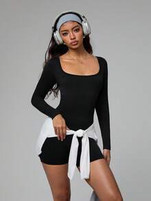 Dewbera 女式纯色交叉后背长袖休闲运动连体裤 - 黑色 - 查看 7